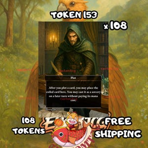 Puede incluir: Ficha de juego de fantasía con el texto "TOKEN 153" y "x108". La ficha presenta una ilustración de una persona con una capa con capucha verde, sosteniendo una pluma. El texto "Plot" es visible, junto con las instrucciones del juego.