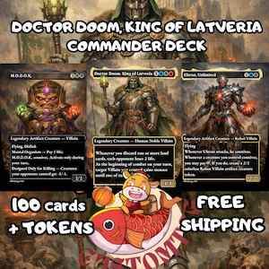 May include: A Doctor Doom, King of Latveria Commander deck featuring 100 cards and tokens. The image displays three trading cards: M.O.D.O.K., Doctor Doom, and Ultron, Unlimited, each with detailed character illustrations and game text.