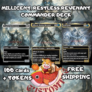 May include: A Millicent, Restless Revenant Commander deck set featuring three Magic: The Gathering cards: Drogskol Reinforcements, Millicent, Restless Revenant, and Spell Queller. The image includes text stating 100 cards + tokens and free shipping.