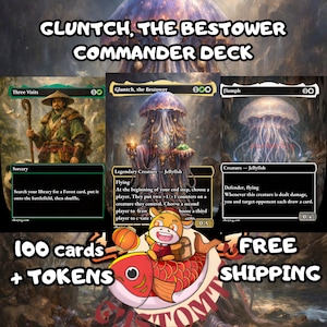 May include: A Gluntch, the Bestower Commander deck featuring 100 cards and tokens. The display includes three Magic: The Gathering cards: Three Visits, Gluntch, the Bestower, and Flumph, alongside a cartoon character riding a red fish graphic.