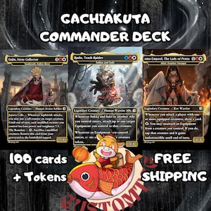 May include: A Gachiakuta Commander Deck set featuring three illustrated trading cards titled Enjin, Stray Collector, Rudo, Trash Raider, and Amo Empool, The Lady of Penta. The image includes text stating 100 cards + Tokens and a cartoon fish graphic.