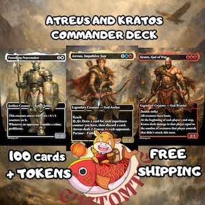 Op de afbeelding: Een aangepaste Commander deck set met drie spelkaarten genaamd Patrolling Peacemaker, Atreus Impulsive Son en Kratos God of War. De set bevat 100 kaarten plus tokens, met de tekst Atreus and Kratos Commander Deck en Free Shipping.