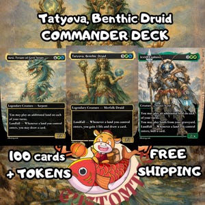 May include: A Tatyova, Benthic Druid Commander deck featuring 100 cards and tokens. The image displays three trading cards: Aesi, Tyrant of Gyre Strait, Tatyova, Benthic Druid, and Icetill Explorer, alongside a cartoon fish and character graphic.