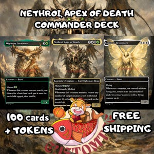 May include: A Nethroi, Apex of Death Commander deck featuring 100 cards and tokens. The image displays three Magic: The Gathering cards: Migratory Greathorn, Nethroi, Apex of Death, and Luminous Broodmoth, alongside a cartoon fish character.
