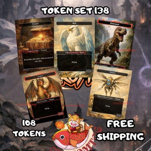 以下が含まれることがあります： Token Set 138とラベル付けされた5枚の長方形のゲームカードセット。宝箱、白い鳥、恐竜、ドラゴン、機械仕掛けの飛行機械（ソプター）のイラストが描かれています。各カードには、ゲームのルールやクリーチャータイプが記載された黒いテキストボックスが含まれています。
