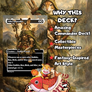 May include: A Magic: The Gathering trading card titled Valley Questcaller featuring a rabbit warrior illustration, alongside text reading WHY THIS DECK?, Amazing Commander Deck!, Collectible Masterpieces, and Fantasy-Inspired Art Style with red stars.