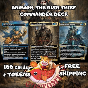 May include: Anowon, the Ruin Thief Commander deck featuring 100 cards and tokens. The image displays three Magic: The Gathering cards: Thieving Skydiver, Anowon, the Ruin Thief, and Zareth San, the Trickster, with text overlays including 100 cards + tokens.