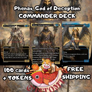 Peut inclure: Un deck Commander Phenax, God of Deception comprenant 100 cartes et jetons. L'image présente trois cartes à collectionner : Sire of Stagnation, Phenax, God of Deception et Consecrated Sphinx, avec un personnage de dessin animé sur un poisson rouge.