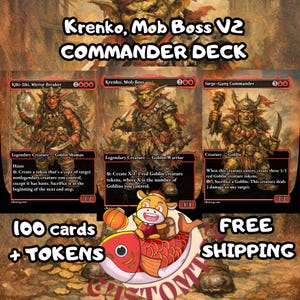 Peut inclure: Un jeu de cartes Commander Krenko, Mob Boss V2 comprenant trois cartes Magic: The Gathering : Kiki-Jiki, Mirror Breaker, Krenko, Mob Boss et Siege-Gang Commander. L'image contient du texte indiquant 100 cartes + jetons et un personnage.