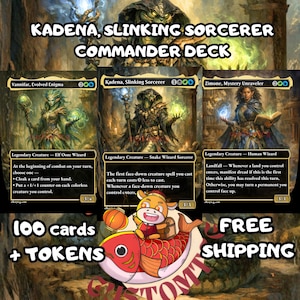 May include: A Kadena, Slinking Sorcerer Commander deck featuring 100 cards and tokens. The image displays three Magic: The Gathering cards: Vannifar, Evolved Enigma, Kadena, Slinking Sorcerer, and Zimone, Mystery Unraveler, with a cartoon fish mascot.