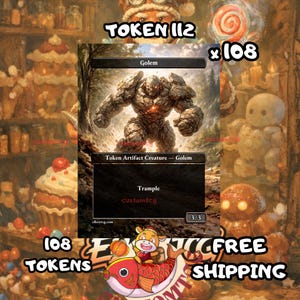 May include: A rectangular trading card featuring a Golem illustration with rocky texture and glowing orange eyes. The card text includes Golem, Token Artifact Creature, Trample, and 3/3. The background shows a forest setting with trees and a cloudy sky.
