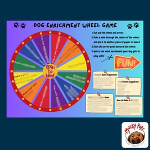 May include: A colorful dog enrichment wheel game with instructions. The wheel has sections with phrases like "Teach" and "Play with." The text "Spin to Win!" is in the center. Includes game suggestions and a "Fun!" arrow.