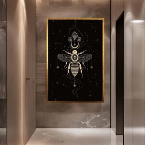 Mystical Bee Canvas Wall Art | Celestial Boho Insect with Stars and Moon | Occult Spiritual Decor on Black Background Canvas Print