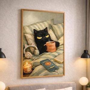 Funny Cat in Bed Wall Art, Cozy Home Decor (Digital Download)