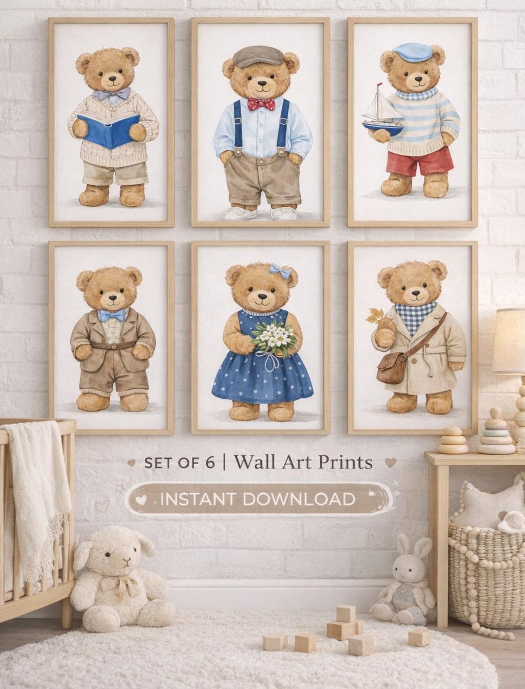 Set of 6 Teddy Bear Nursery Wall Art | Baby Boy Playroom Prints | Kids ...