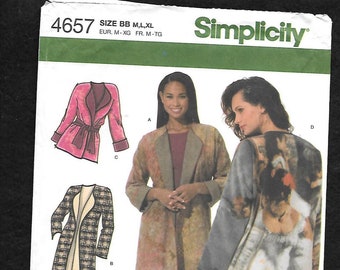Simplicity 4657 Coat Or Jacket With No Collar And Rounded Lapel, With Or Without Tie Belt, Sizes Med, Large, XLarge, (14-24), UNCUT
