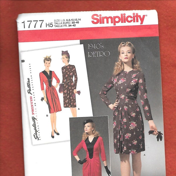 Simplicity 1777 Vintage 1940's Reproduction Of A Misses' Slim Fitting Dress With 2 Different Neckline Profiles, Sizes 6 to 14, UNCUT/ NEW