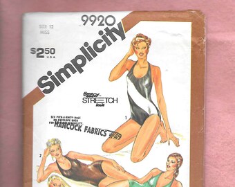 80's Simplicity 9920 Misses' One Piece Swim Suits  w/Halter Straps, Deeply Scooped Neck, Optional Cut Out Back, Size 12, CUT, Read Details