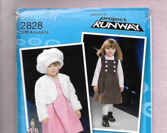 Simplicity 2828 Project Runway Little Girl's Dress Or Jumper, Bolero Jacket, And Hat, Sizes 3-8, UNCUT