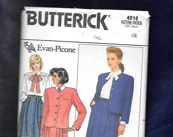 Butterick 4018 Designer Evan Picone Misses' Jacket, Softly Pleated Skirt, And Blouse Ensemble, Size 12, CUT, Read Details
