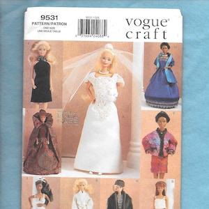 May include: A vintage Vogue Craft sewing pattern for making doll clothes. The pattern is for size one and includes instructions for making a variety of outfits, including a wedding dress, a ball gown, a casual outfit, and a winter coat. The pattern is designed by Linda Carr.