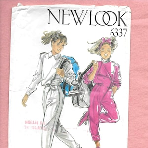May include: A vintage sewing pattern from New Look featuring illustrations of two women in athletic jumpsuits. The pattern includes a white jumpsuit and a pink jumpsuit, both with double-breasted closures and matching sneakers. The pattern number is 6337.