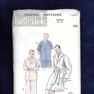 May include: Vintage Butterick printed patterns for men's sleepwear. The pattern envelope features illustrations of a pajama set, a short-sleeved shirt and shorts set, and a robe. The envelope is white with the Butterick logo and the size is medium 38-40.