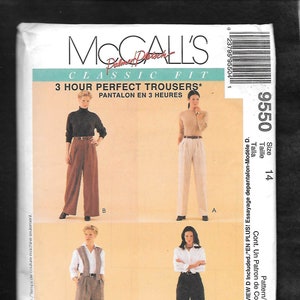 May include: McCall's sewing pattern for classic fit trousers. The pattern features multiple styles, including wide-leg and tailored options. The package includes the text "3 Hour Perfect Trousers" and size 14.