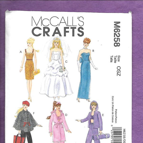 McCall's 6258 Doll Clothes, W/Wedding, And Evening Gown, Yoga Outfit, Pj's & Robe, Casual Saturday, And Date Night, NEW/UNCUT