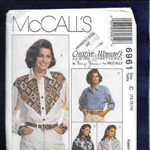 May include: A sewing pattern for a women's shirt with a geometric print. The pattern is from McCall's Creative Woman's Sewing Patterns and is size C (10, 12, 14).