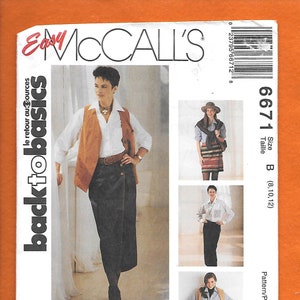 May include: A sewing pattern for skirts in sizes 8, 10, and 12. The pattern is called "Easy McCall's Back to Basics Cut-to-Fit" and features three different skirt styles. The pattern is printed on a white background with a light orange border.