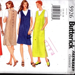 May include: A sewing pattern featuring four women's dresses. The dresses are in various colors, including blue plaid, red, tan striped, navy, and yellow-green. Each dress has a different neckline and pocket style. The pattern is labeled "Butterick Fast & Easy Classics."