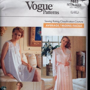 May include: Vogue Patterns sewing pattern featuring sleepwear designs. The image shows a white nightgown with lace trim, and a pink robe with lace accents. The pattern is rated as average difficulty and includes sizes L-XL.