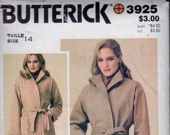 Butterick 3925 Misses&#39; Wrap Trench Coat With Pointed Collar, And Patch Pockets, Selt Tie Belt, Size 14, UNCUT
