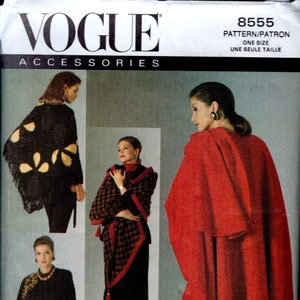 May include: Vogue Accessories pattern 8555. The image shows a pattern for various accessories, including a red cape, a black shawl with gold accents, and other garments. Designed by Bebe Winkler.