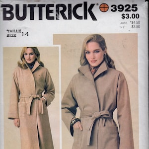 May include: A sewing pattern for a classic wrap coat. The pattern is from Butterick and the pattern number is 3925. The pattern is for size 14. The pattern is for a dual construction coat. The pattern is for sewing with synthetic suede fabrics.