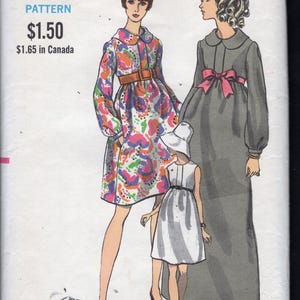 May include: Vintage Vogue pattern featuring illustrations of three women's dresses. The pattern includes a colorful floral print dress, a gray maxi dress with a pink bow, and a white dress. The pattern is marked "VOGUE PATTERN" and "$1.50".