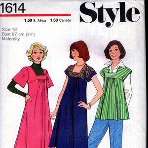May include: A sewing pattern for a maternity dress with three different styles. The pattern is for size 12 with a bust measurement of 87 cm (34 inches). The dress styles include a pink dress with a green turtleneck, a blue dress with floral embroidery, and a green and white striped dress with blue pants.