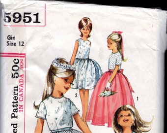 Vintage 60's Simplicity 5651 Girl's Special Occasion Dress, has Fitted Sleeveless Bodice, Full Skirt, & Back Buttoned Jacket, Size 12