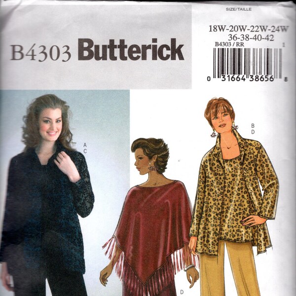 Butterick 4303 Women's Poncho, Tunic Tank Top, Lightweight Jacket W/ Notched Collar & Pants, Loose Fitting, Sizes 18W-24W, UNCUT