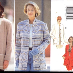 May include: A sewing pattern for three different jackets. The first jacket is a beige jacket with a white collar and pockets. The second jacket is a blue and white patterned jacket with a mandarin collar. The third jacket is a red jacket with a black collar and pockets. The pattern is for sizes XS-S-M and is from Butterick.