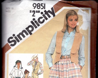 Simplicity 9851 Retro 80's Misses' Country Western, Barn Burnin, Boot Kickin Gathered Skirt, Cowgirl Yoke Shirt, Jeans, and Vest, Size 10