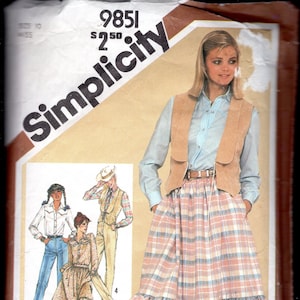Simplicity 9851 Misses&#39; Country Western, Gathered Skirt, Cowgirl Yoke Shirt, Jeans, and Vest, Size 10, CUT, Read Details, or Size 12 UNCUT