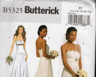 Butterick 5325 Misses' Elegant Strapless Bridal Gown With Figure Flattering Princess Seams, Empire Waist, Flowing Train, Sizes 14-22, UNCUT