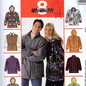 May include: McCall's sewing pattern featuring eight jacket designs. The pattern includes a variety of styles, including hooded jackets, quilted jackets, and a vest. The image shows a man and woman modeling the jackets. The text "GREAT LOOKS 1 EASY PATTERN" is visible.