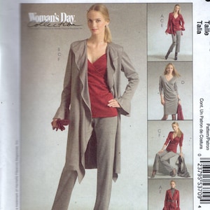 May include: McCall's sewing pattern featuring a woman modeling a long, light brown coat, red wrap top, and matching pants. The pattern includes multiple views of the outfit. The text "NON-STOP WARDROBE" is visible.