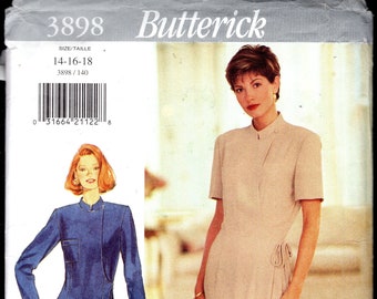 Butterick 3898 Fab 90's Misses' Loose Fitting, Tapered, Wrap Dress, with Long or Short Sleeves, and Collar, Sizes 14-16-18, UNCUT