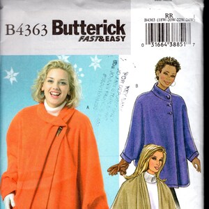 May include: A Butterick sewing pattern featuring three coat designs. The cover shows an orange coat with large pockets, a purple cape with button closures, and a tan cape with pockets. The pattern number is B4363.
