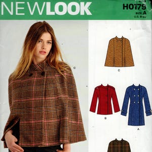 May include: A sewing pattern from New Look featuring a cape with a plaid design, and other jacket styles. The pattern includes sizes U.S. 8-20. The image shows a woman wearing the cape. The pattern is designed and printed in the USA.