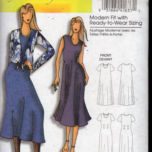 May include: A Butterick sewing pattern, B5049, featuring illustrations of dresses and a jacket. The pattern includes sizing information and the text "Modern Fit with Ready-to-Wear Sizing."